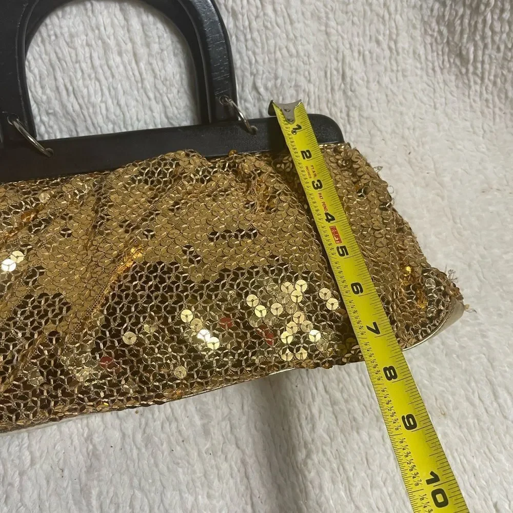 Gold Sequins with wooden black handles and frame handbag.